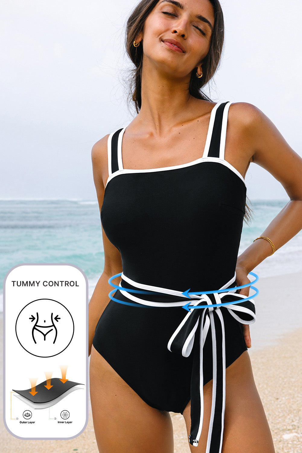 Stacey B's Black Colorblock Edge Belted One Piece Swimsuit