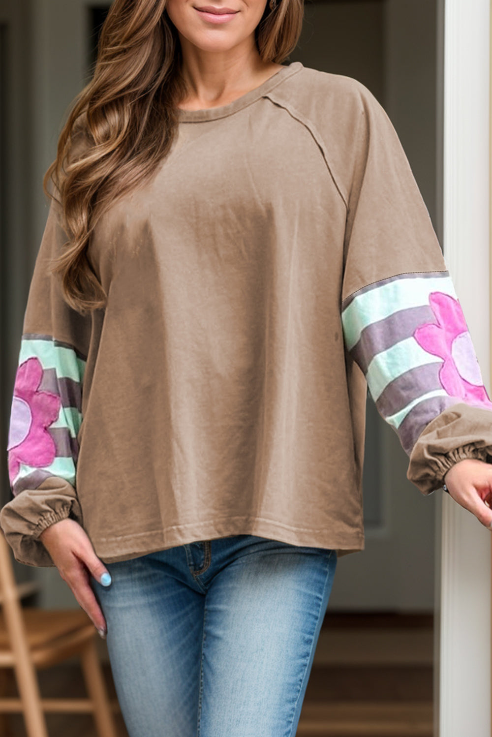 Stacey B's Flower Round Neck Long Sleeve Blouse