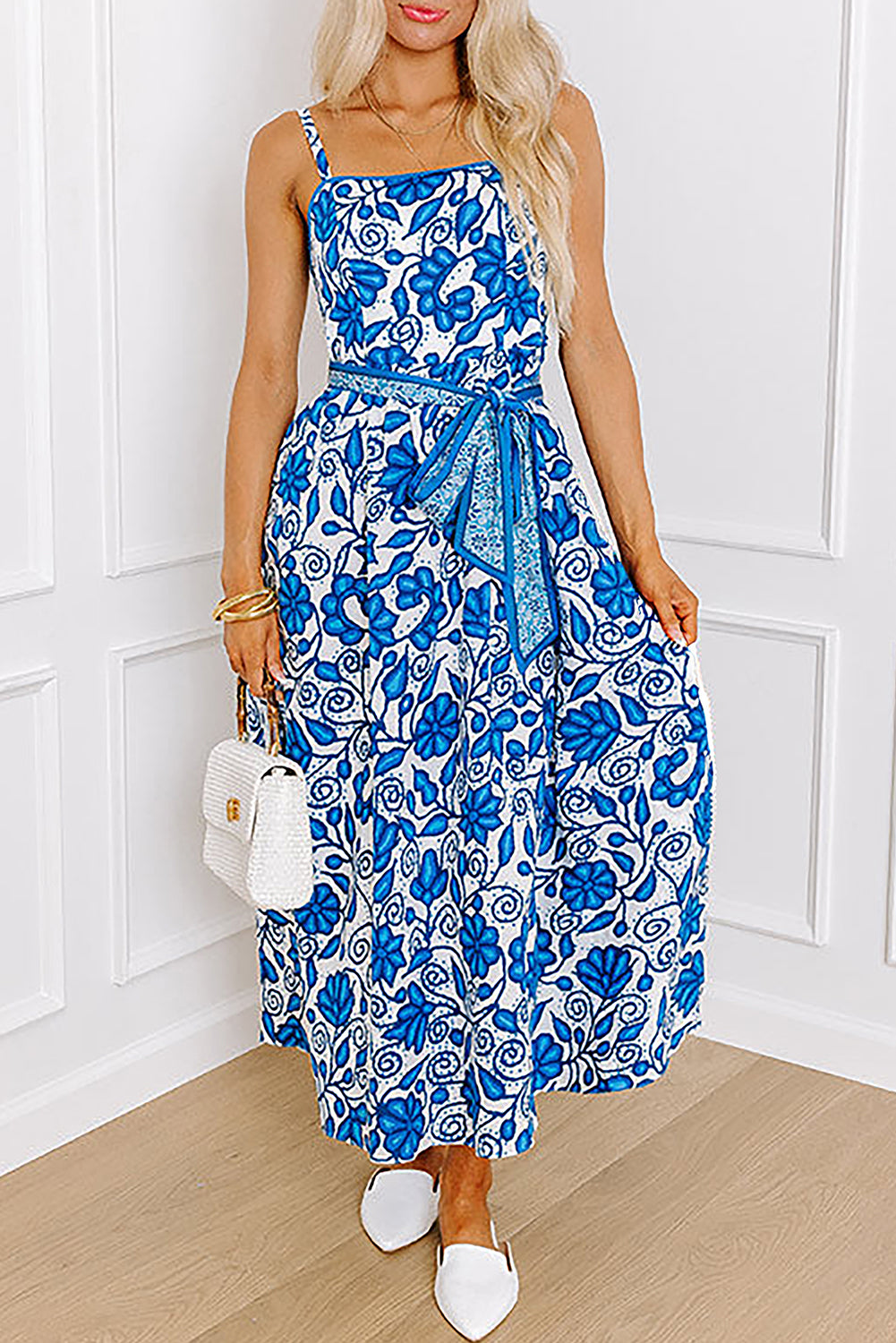 Stacey B's Blue Floral Printed Spaghetti Strap Maxi Dress with Waist Tie