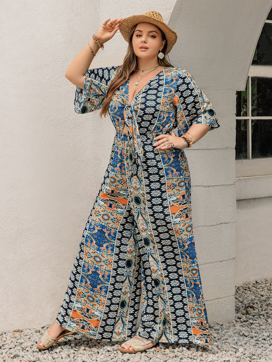 Stacey B's Printed Half Sleeve Wide Leg Jumpsuit