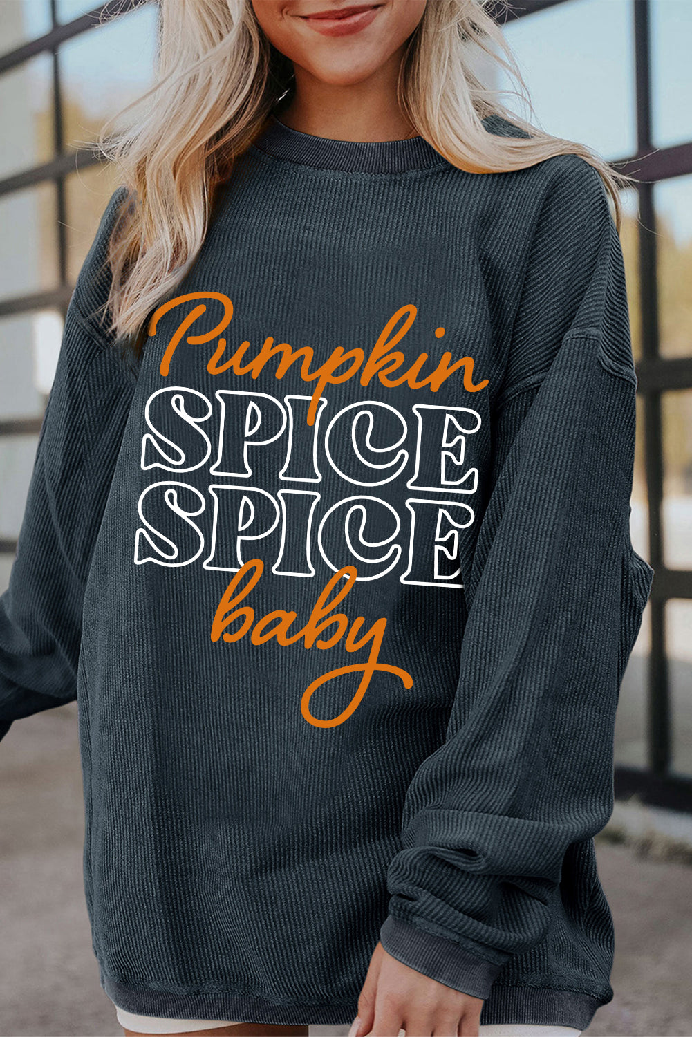 Stacey B's Dark Grey Halloween Pumpkin Spice Baby Graphic Textured Sweatshirt