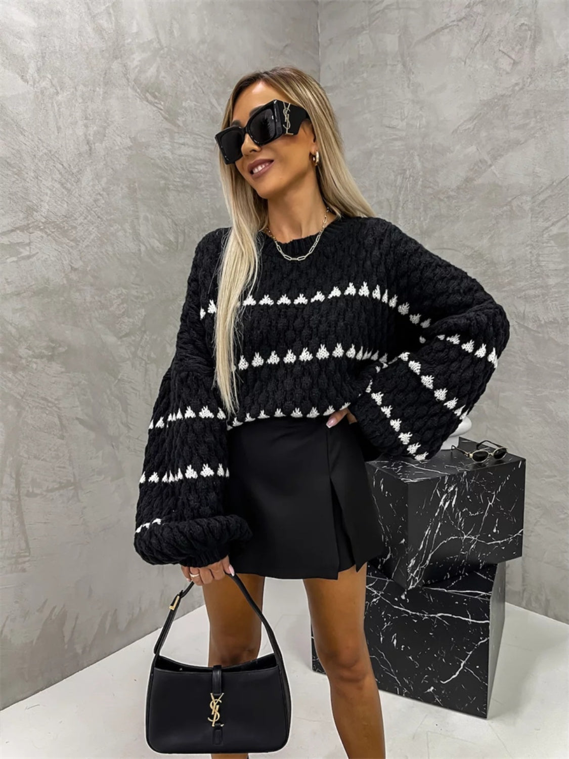 Stacey B's Contrast Round Neck Long Sleeve Sweater