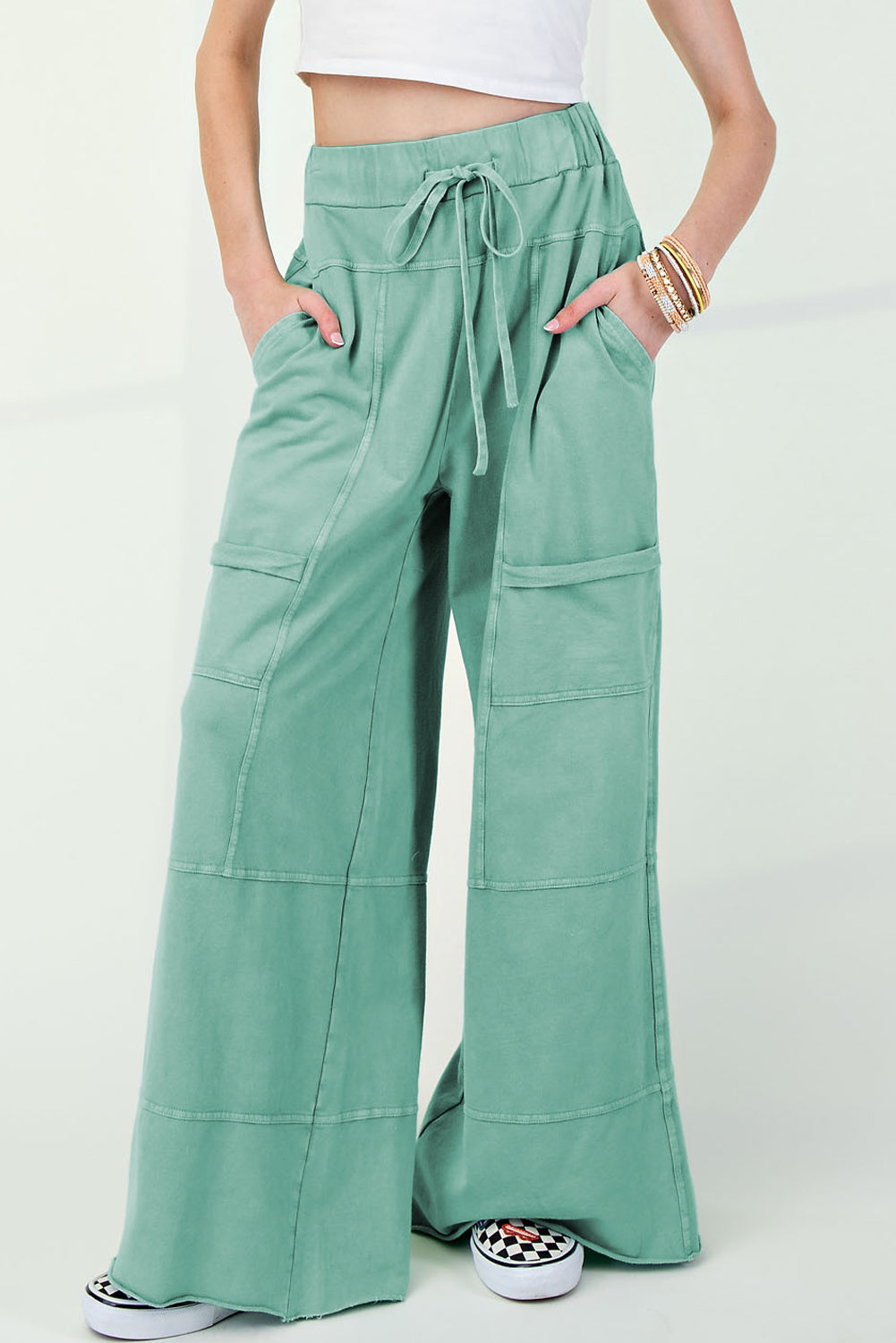 Stacey B's Mint Green Mineral Wash Exposed Seam Drawstring High Waist Wide Leg Cargo Pants