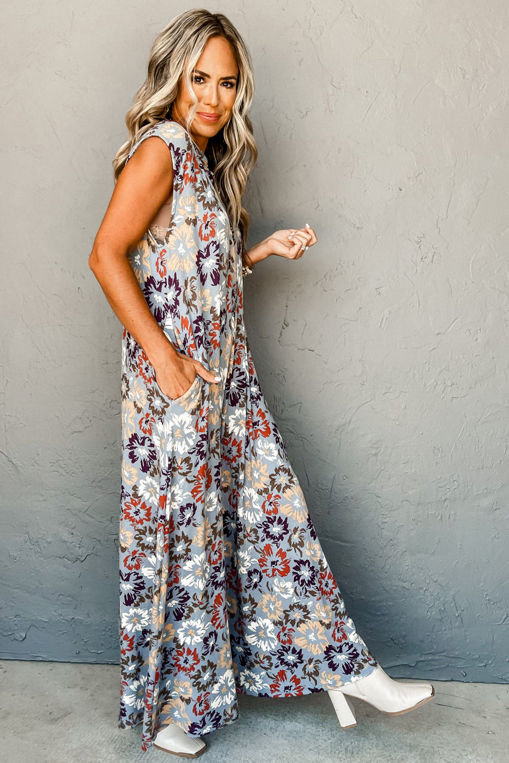 Stacey B's Sky Blue Floral Sleeveless Buttoned Pocketed Wide Leg Jumpsuit
