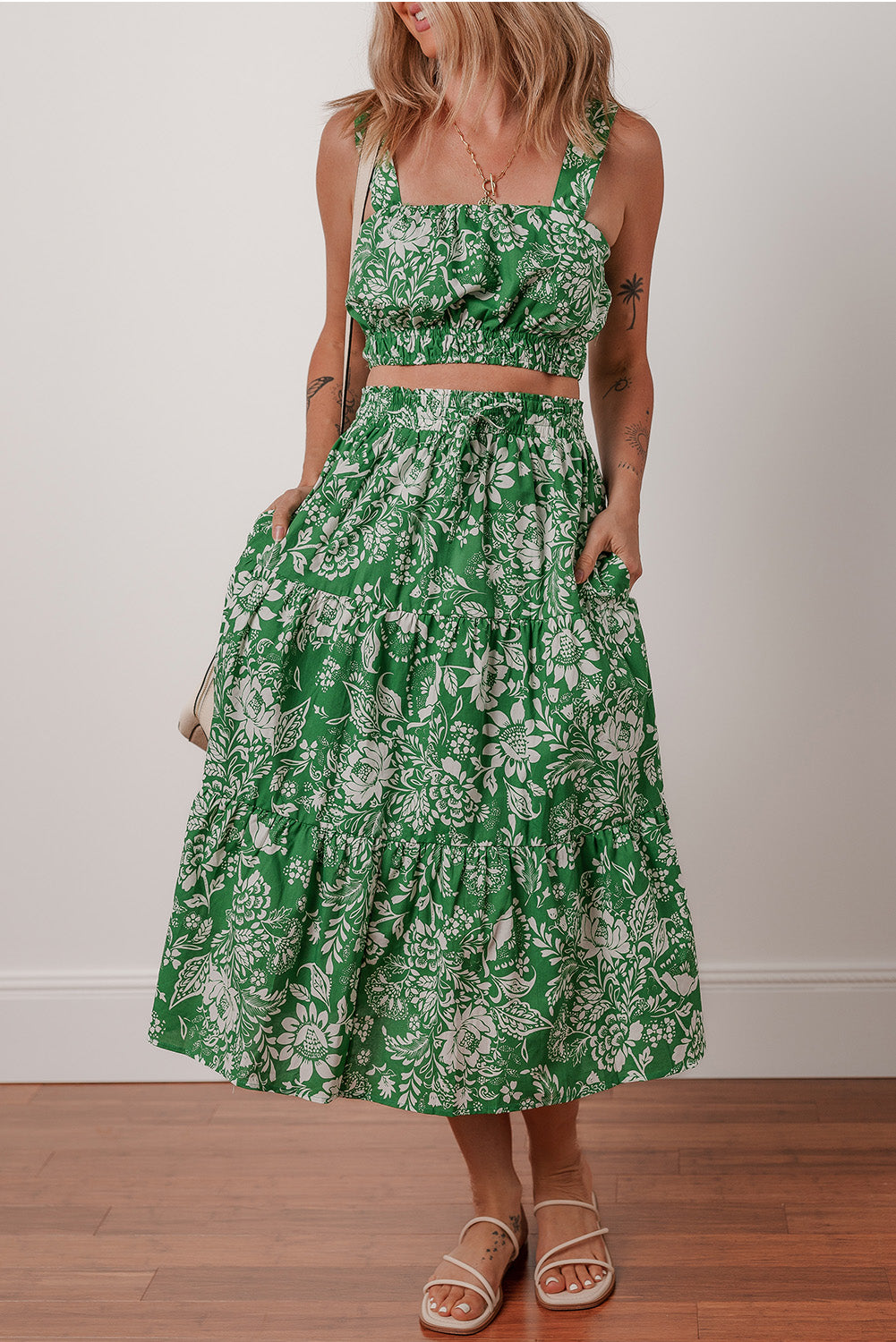 Stacey B's Green Floral Print Shirred Crop Top and High Waist Midi Skirt Set