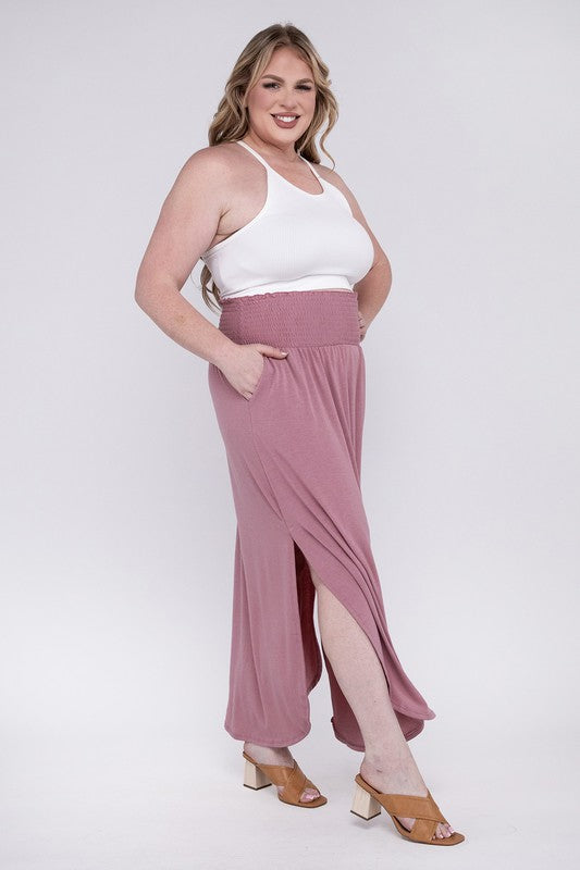 Stacey B's Plus Smocked Waist Side Slit Maxi Skirt w/ Pockets
