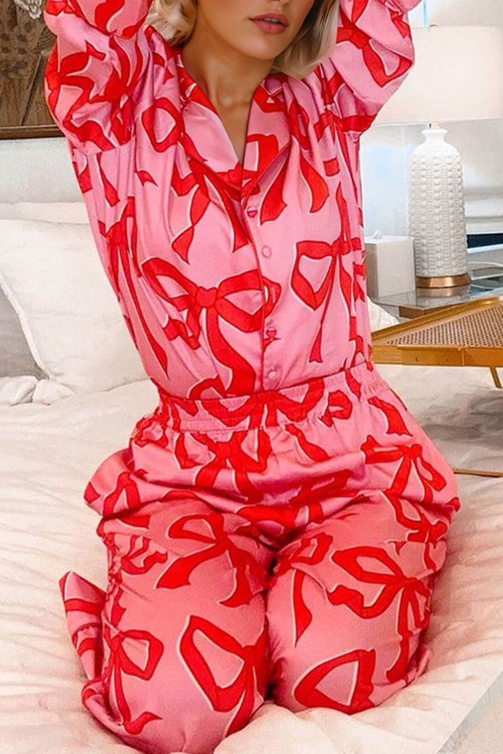 Stacey B's Pink Bow Button Up and Loose Pants Pajama Set
