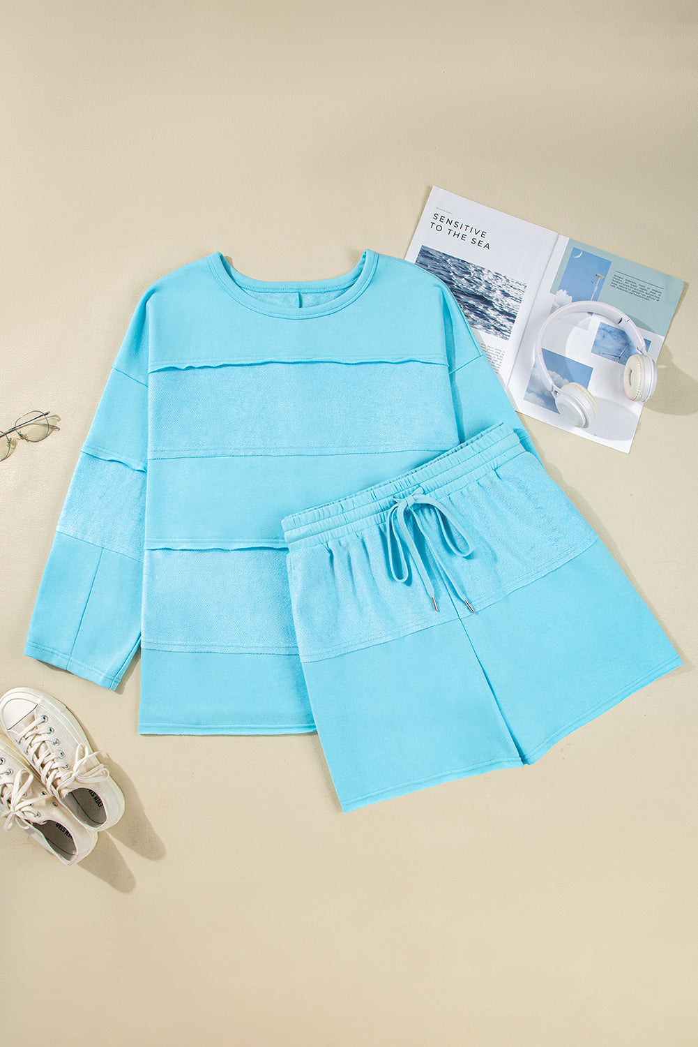 Stacey B's Aruba Blue Plus Size Solid Color Splicing Raw Hem Pullover Top Shorts Set
