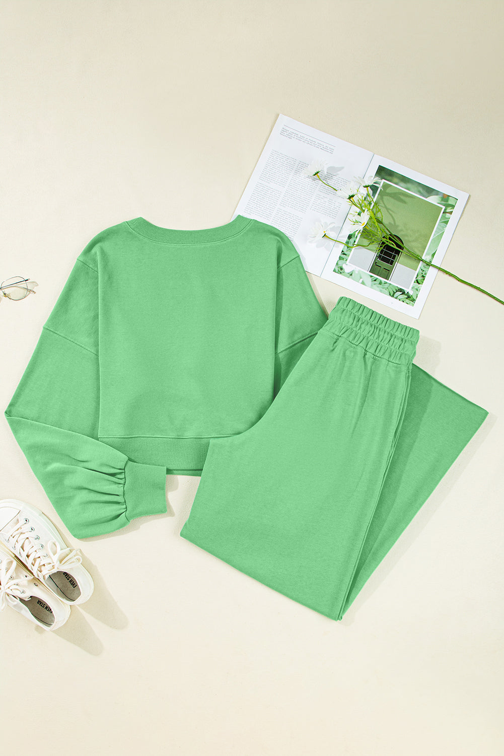 Stacey B's Bright Green Drop Shoulder Crop Pullover Drawstring Wide Leg Pants Set