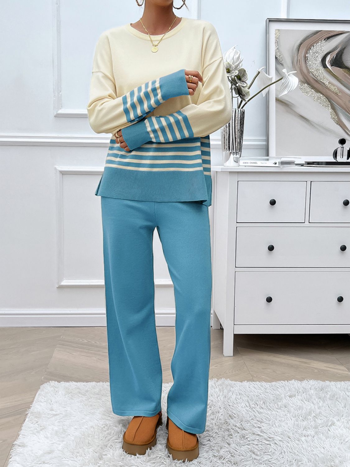 Stacey B's Devine Slit Striped Round Neck Top and Pants Sweater Set