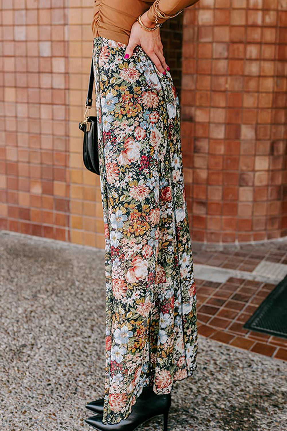 Stacey B's Brown Allover Floral Print Bohemian High Waist Maxi Skirt