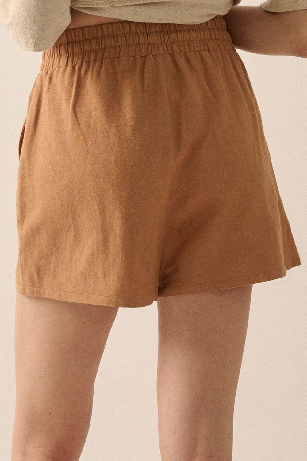 Stacey B's Khaki Embroidered Boho Tasseled Drawstring Elastic Waist Casual shorts