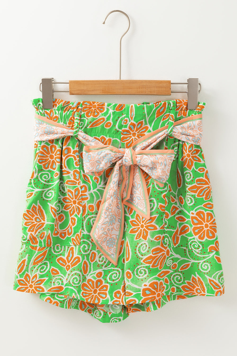 Stacey B's Green Floral Print Pocketed Front Knot High Waist Casual Shorts