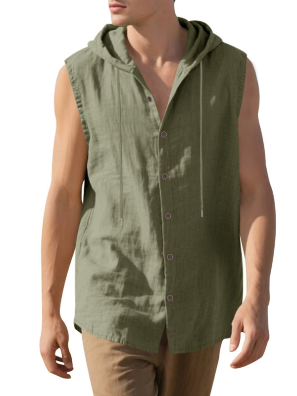 Stacey B's Men's Casual Sleeveless Waistcoat Shirt Linen Hooded Solid Color Breathable Loose Top