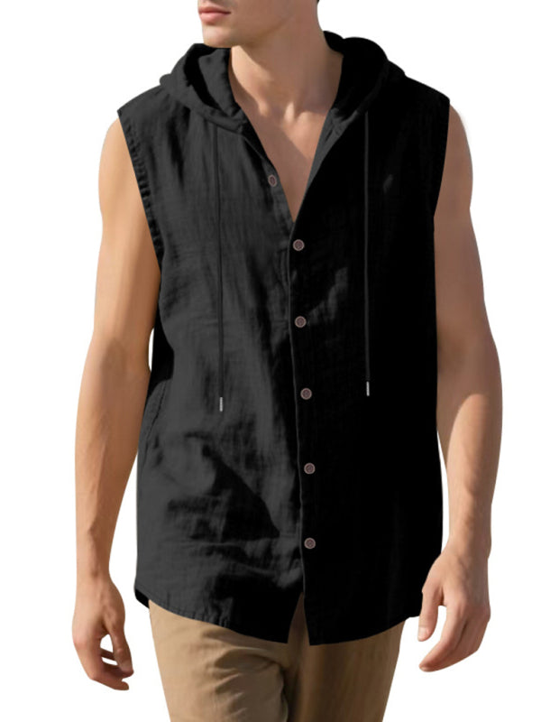 Stacey B's Men's Casual Sleeveless Waistcoat Shirt Linen Hooded Solid Color Breathable Loose Top