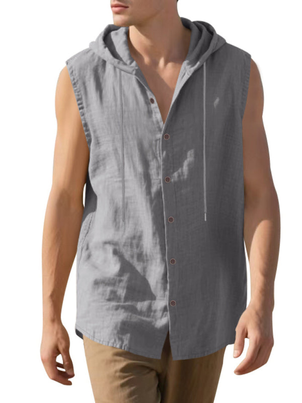 Stacey B's Men's Casual Sleeveless Waistcoat Shirt Linen Hooded Solid Color Breathable Loose Top