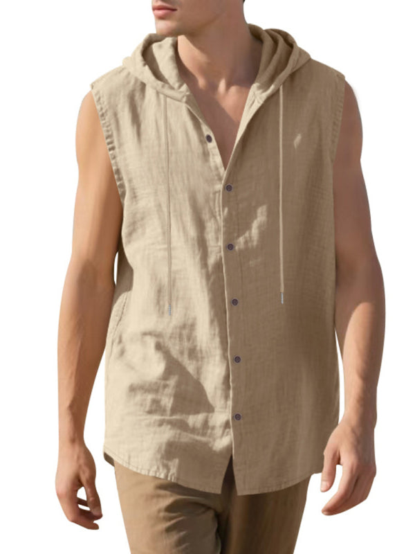 Stacey B's Men's Casual Sleeveless Waistcoat Shirt Linen Hooded Solid Color Breathable Loose Top