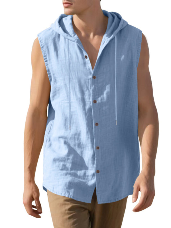 Stacey B's Men's Casual Sleeveless Waistcoat Shirt Linen Hooded Solid Color Breathable Loose Top
