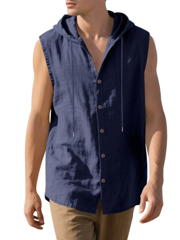 Stacey B's Men's Casual Sleeveless Waistcoat Shirt Linen Hooded Solid Color Breathable Loose Top