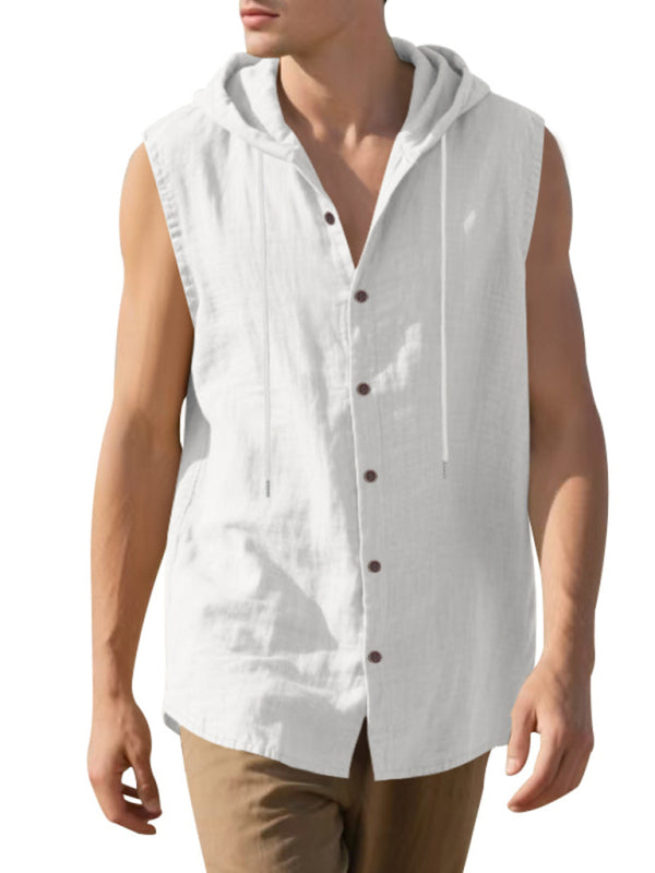 Stacey B's Men's Casual Sleeveless Waistcoat Shirt Linen Hooded Solid Color Breathable Loose Top