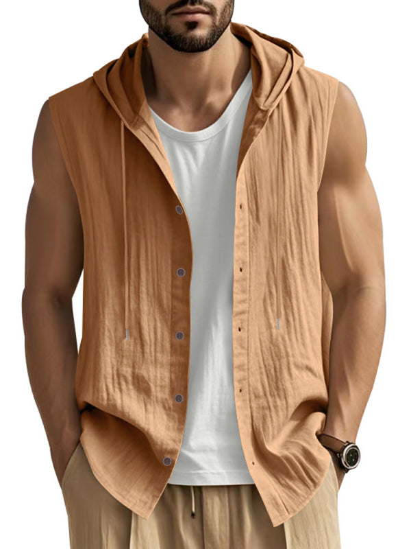 Stacey B's Men's Casual Sleeveless Waistcoat Shirt Linen Hooded Solid Color Breathable Loose Top