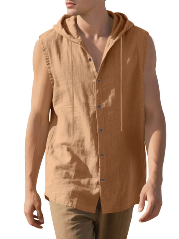 Stacey B's Men's Casual Sleeveless Waistcoat Shirt Linen Hooded Solid Color Breathable Loose Top