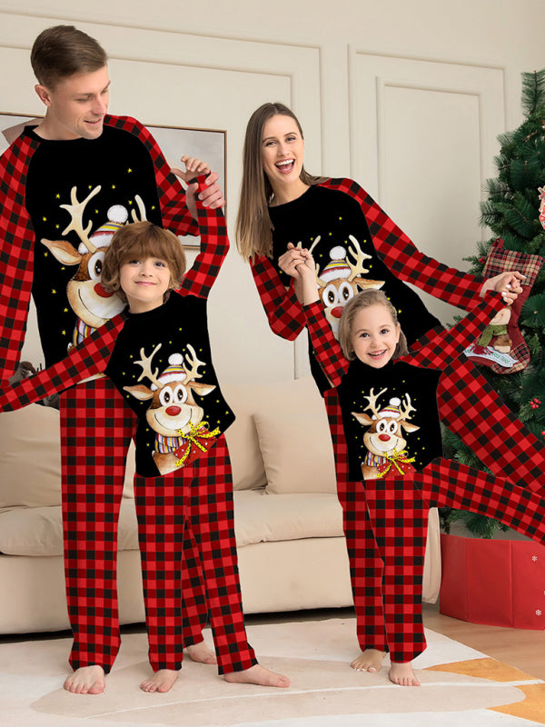 Stacey B's Cartoon deer plaid Christmas parent-child printed housewear pajamas