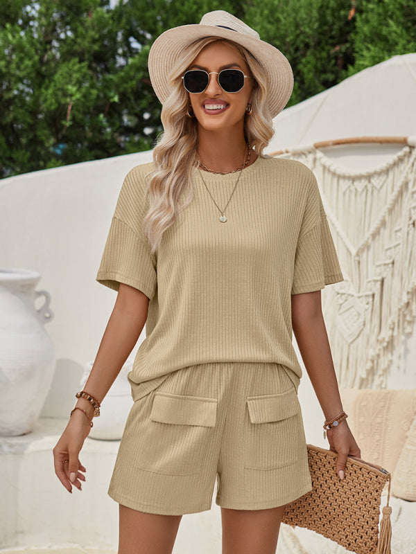 Stacey B's Loose round neck solid color short sleeve top and shorts suit