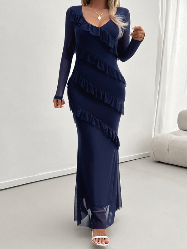 Stacey B's Long-sleeved women's temperament Slim mesh v-neck dresses