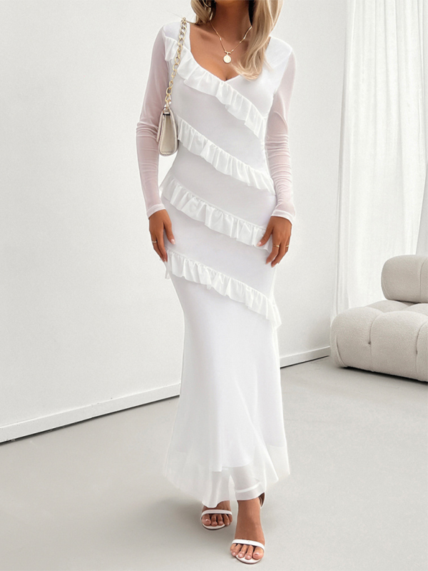 Stacey B's Long-sleeved women's temperament Slim mesh v-neck dresses