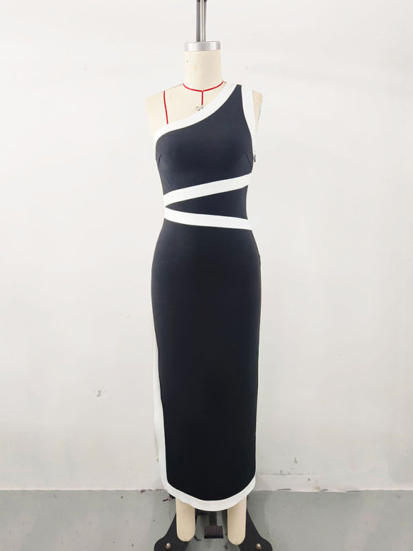 Stacey B's One-shoulder colorblocked long skirt waist tight dress party banquet dress