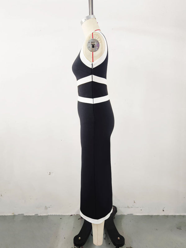 Stacey B's One-shoulder colorblocked long skirt waist tight dress party banquet dress