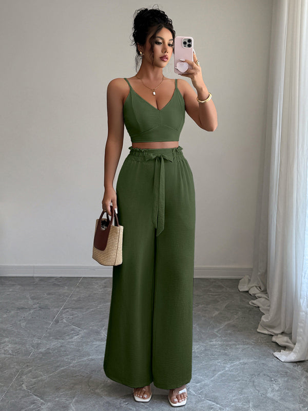 Stacey B's Army Green Suspender Vest Wide Leg Pants Two-Piece Set