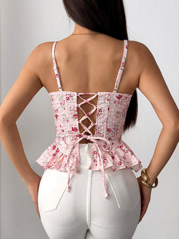 Stacey B's Pink floral irregular ruffled light sexy backless lace-up top
