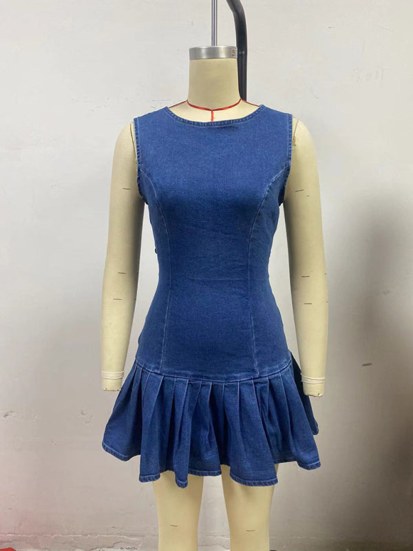 Stacey B's Fashionable and sexy sleeveless pleated waist denim dress