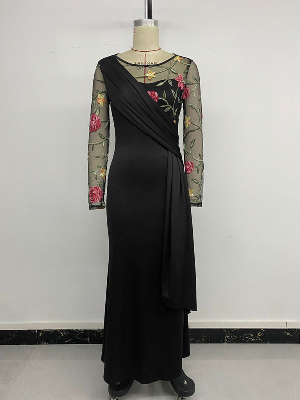 Stacey B's Round Neck Mesh Embroidery Panel Long Sleeve Dress