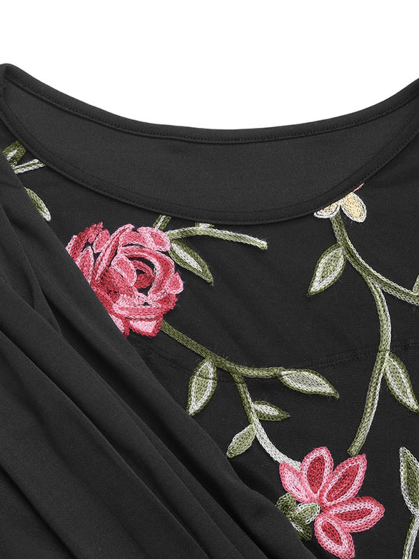 Stacey B's Round Neck Mesh Embroidery Panel Long Sleeve Dress