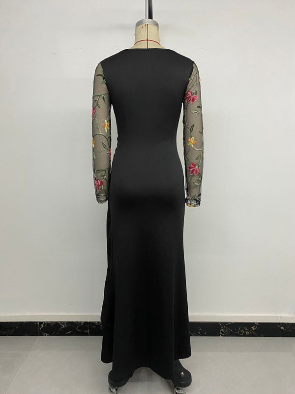 Stacey B's Round Neck Mesh Embroidery Panel Long Sleeve Dress