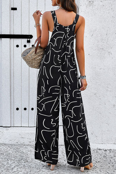 Stacey B's Printed Wide Strap Jumpsuit with Pockets