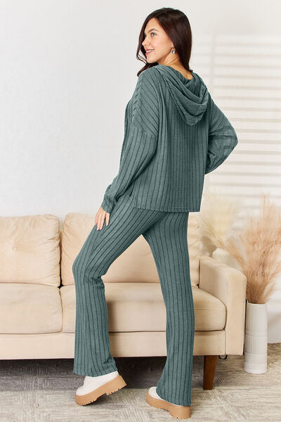 Stacey B's Basic Bae Full Size Ribbed Drawstring Hood Top and Straight Pants Set