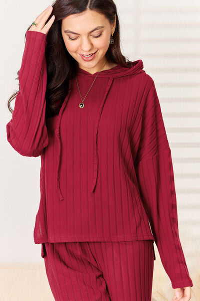 Stacey B's Basic Bae Full Size Ribbed Drawstring Hood Top and Straight Pants Set