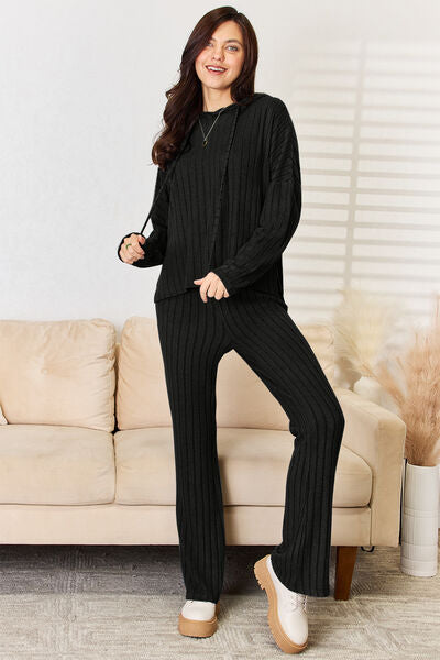 Stacey B's Basic Bae Full Size Ribbed Drawstring Hood Top and Straight Pants Set