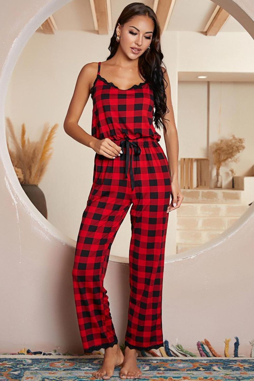 Stacey B's Plaid Lace Trim Spaghetti Strap Jumpsuit