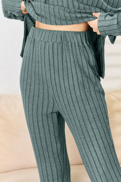 Stacey B's Basic Bae Full Size Ribbed Drawstring Hood Top and Straight Pants Set