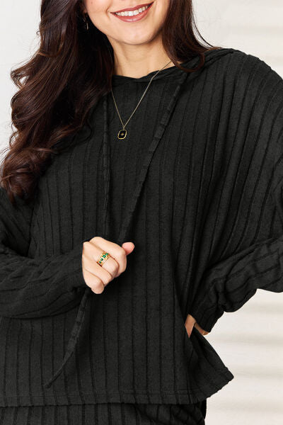 Stacey B's Basic Bae Full Size Ribbed Drawstring Hood Top and Straight Pants Set