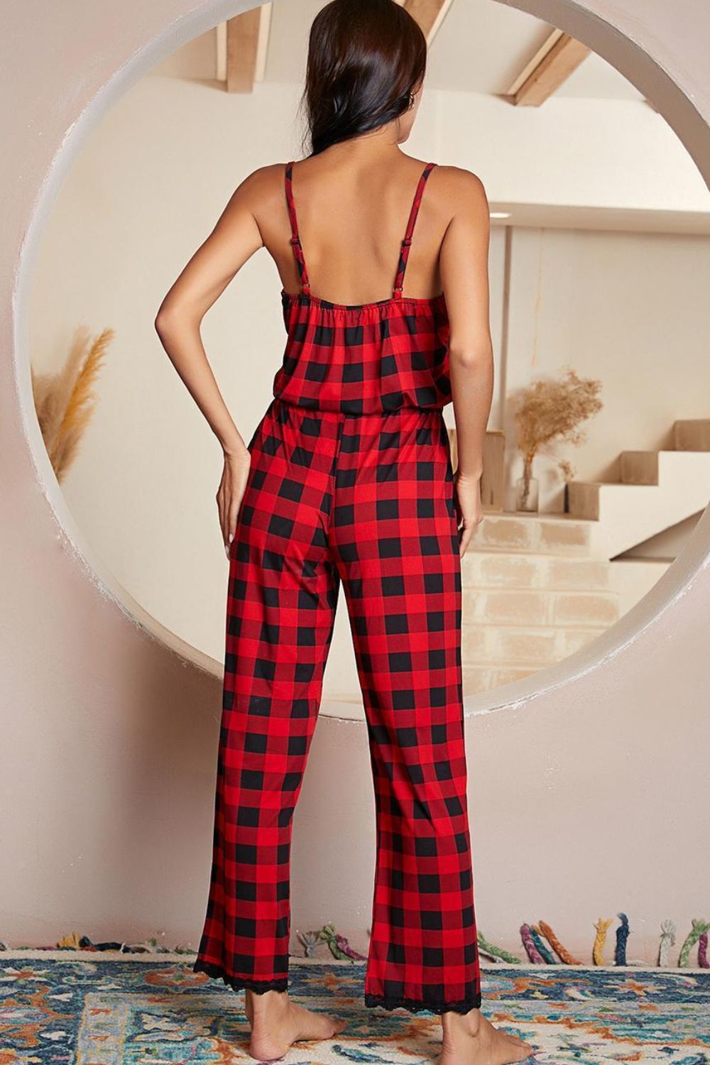 Stacey B's Plaid Lace Trim Spaghetti Strap Jumpsuit