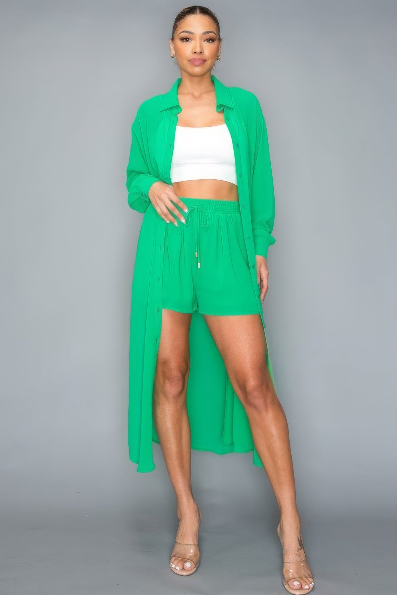 Stacey B's Down Long Sleeve Side Slit Long Top With Short Set