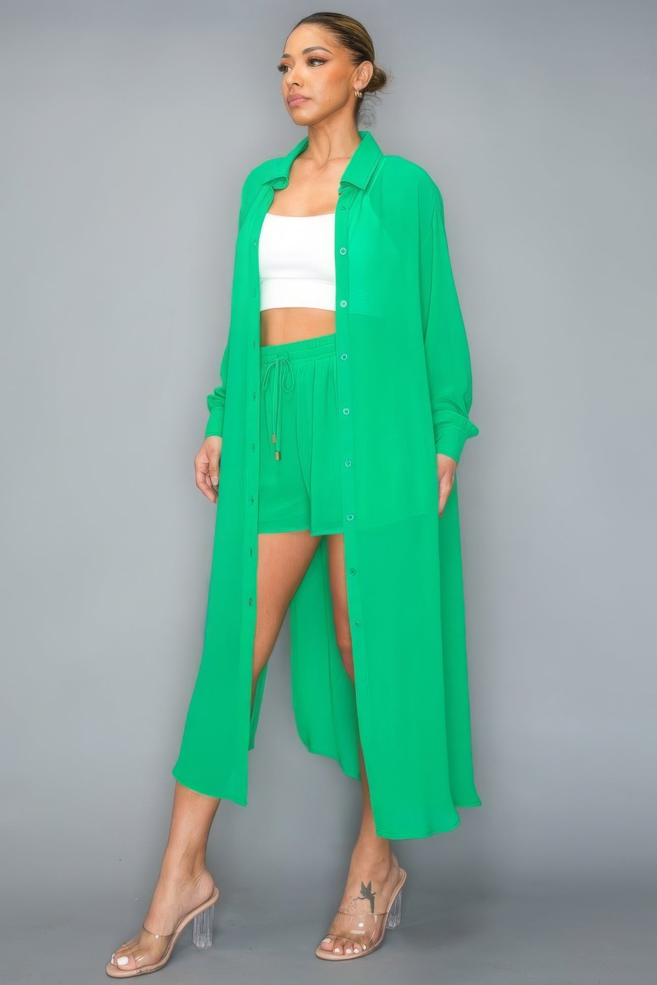 Stacey B's Down Long Sleeve Side Slit Long Top With Short Set