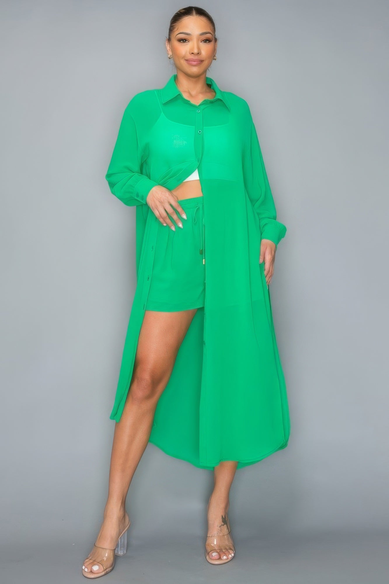 Stacey B's Down Long Sleeve Side Slit Long Top With Short Set