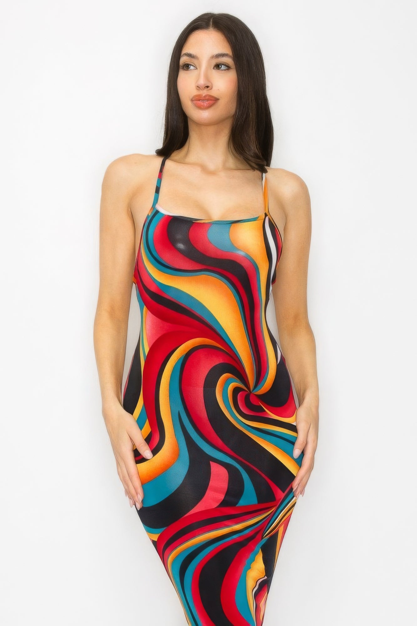 Stacey B's Crossed Back Marble Print Multicolor Midi Dress